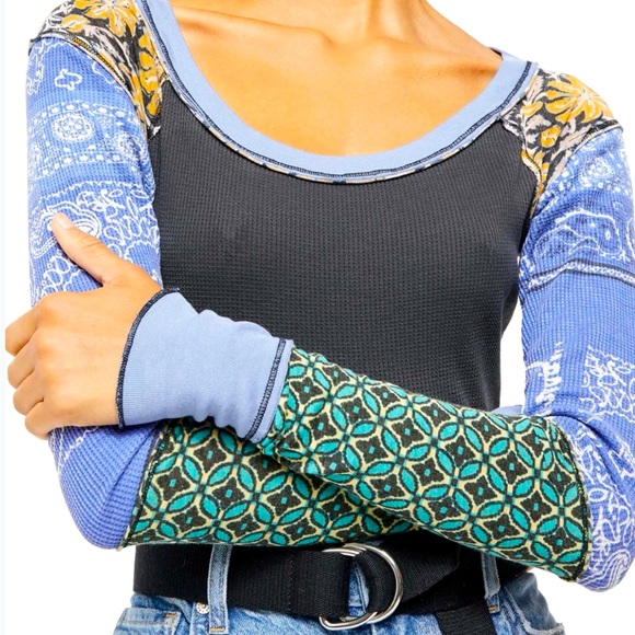 Free People Tops - EUC Free People Bright Side mixed print thermal long sleeve scoop-neck top M